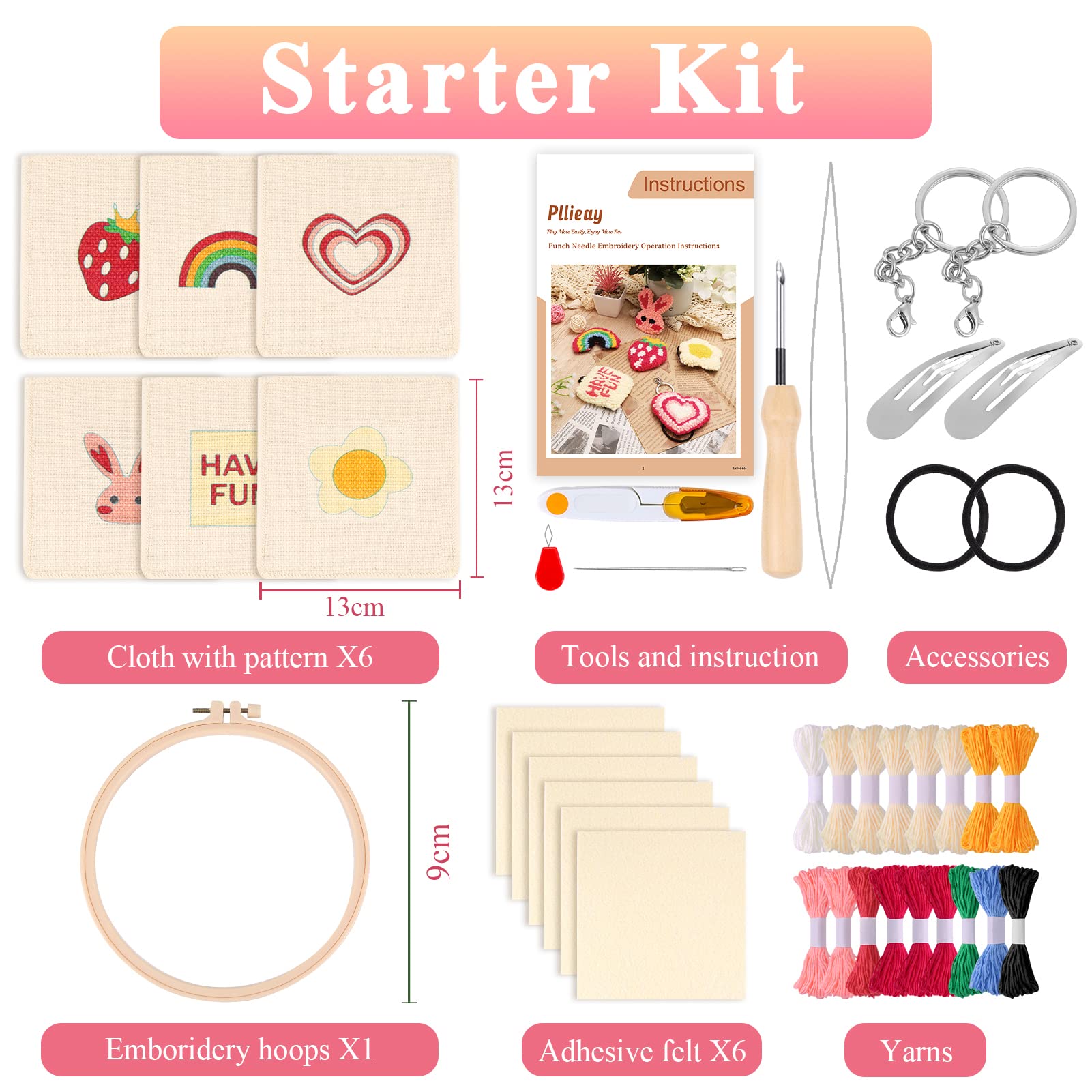 Pllieay Punch Needle Embroidery Starter Kits for Kids and Adults Beginners,  Include Instructions, Punch Needle Fabric with Floral Pattern, Yarns
